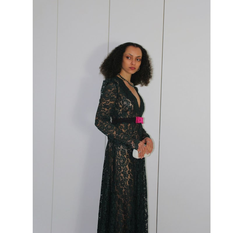 Thumbnail of Green Sheer Lace Gothic Maxi Dress image