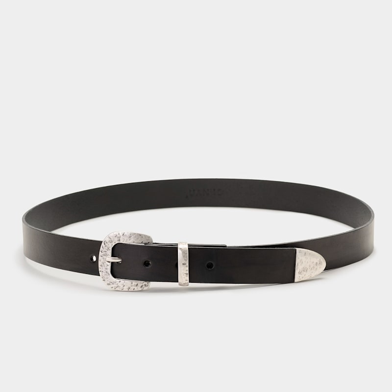 Thumbnail of Black Leather Belt With Silver Buckle And Metal Tip image