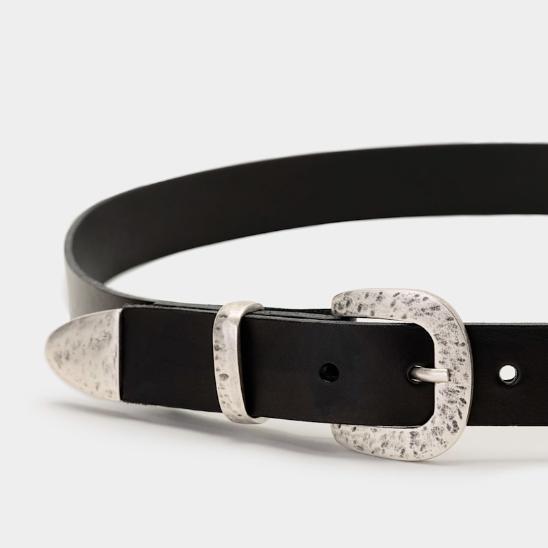 Thumbnail of Black Leather Belt With Silver Buckle And Metal Tip image