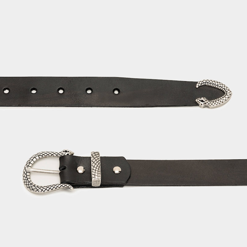 Thumbnail of Black Leather Belt With Snake Buckle And Tip image