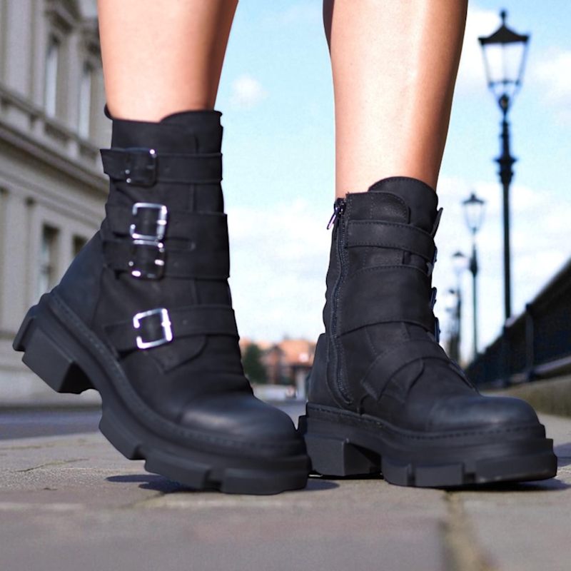 Black Leather Boots With Multiple Buckle Straps – Handmade Chunky Sole ...