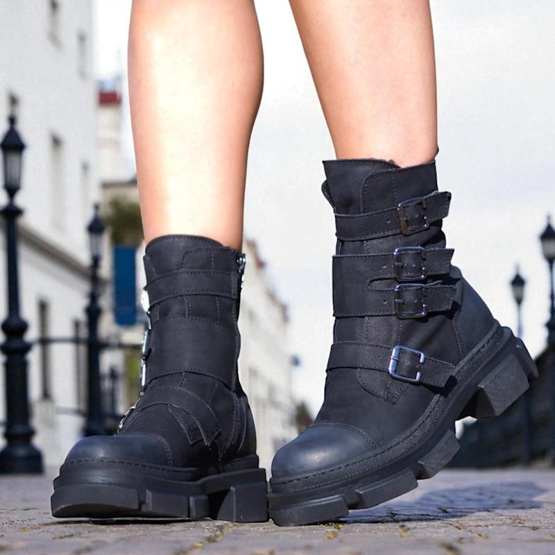 Black Leather Boots With Multiple Buckle Straps – Handmade Chunky - Main Image