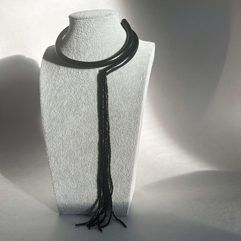 Thumbnail of Black Leather Choker With Beaded Tassel image