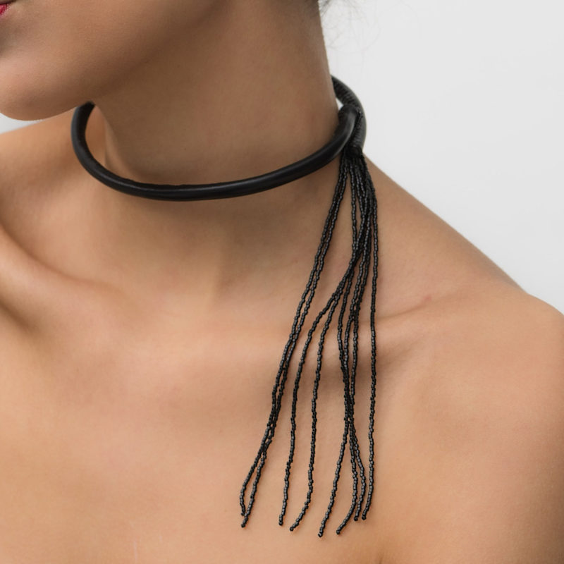 Thumbnail of Black Leather Choker With Beaded Tassel image