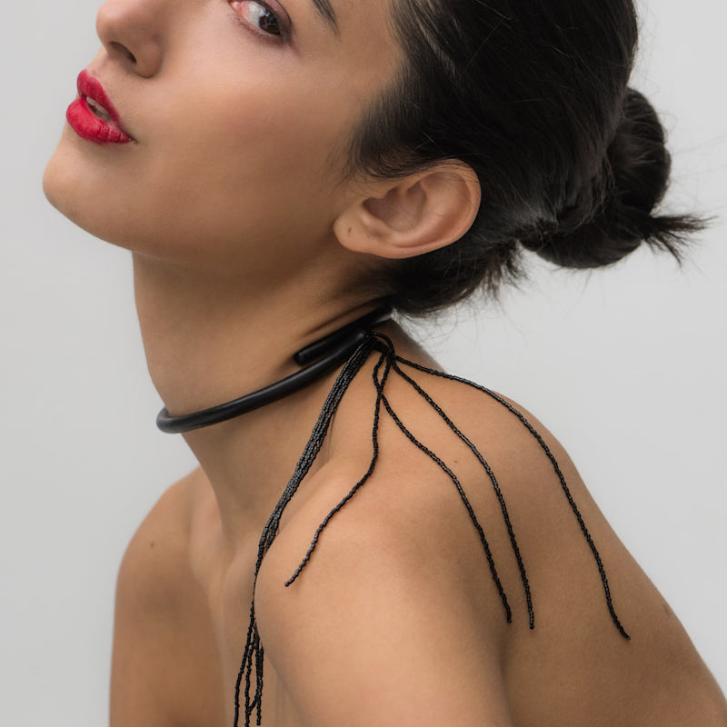 Thumbnail of Black Leather Choker With Beaded Tassel image