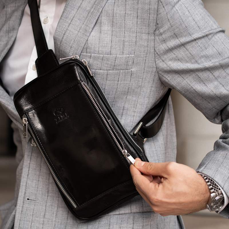Thumbnail of Black Leather Sling Bag Chest Bag - Kim image