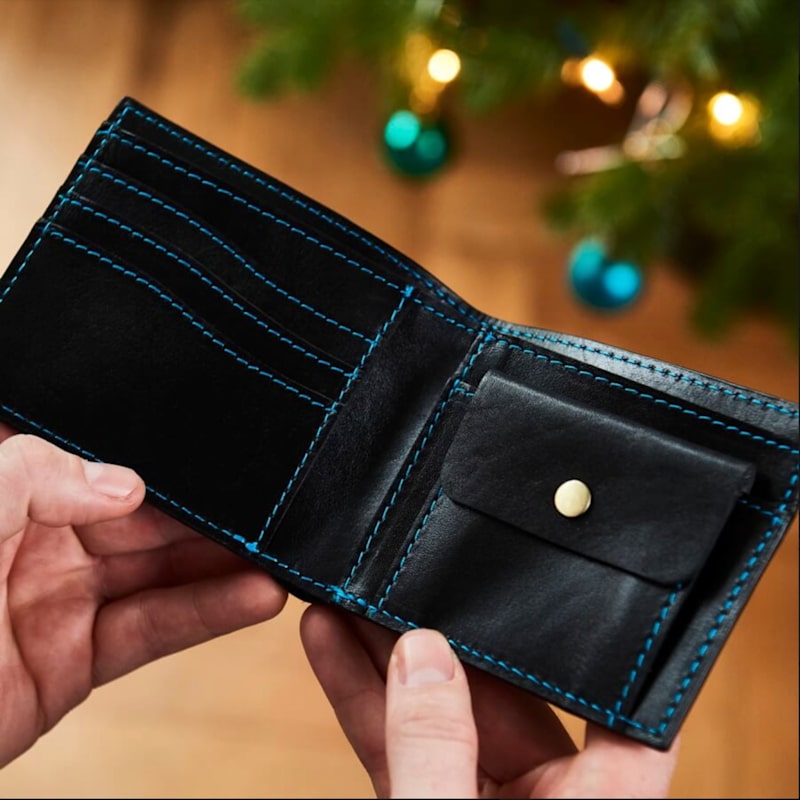 Thumbnail of Black Leather Wallet With Contrast Blue Stitch image