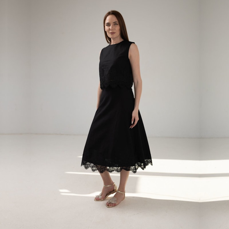 Thumbnail of Black Linen Blouse And Skirt Set With Lace Embroidery image