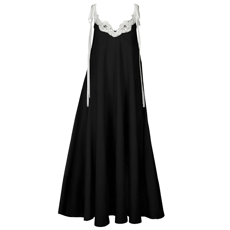 Langner Black Linen-viscose Blend Slip Dress With Lace Detail - Black/white