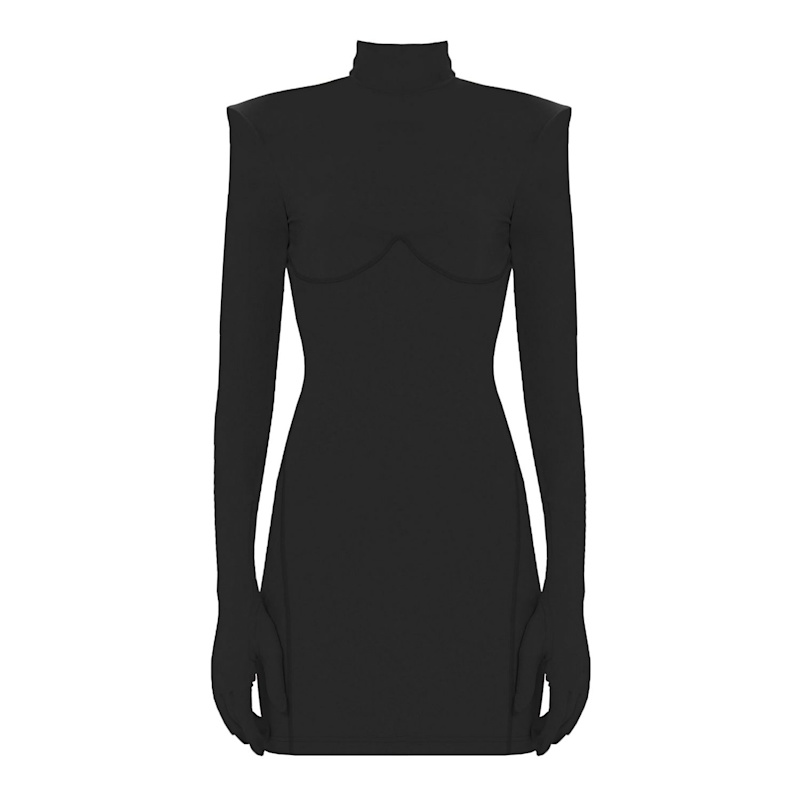 Black Long Sleeve Turtleneck Bodycon Shoulder Pad Party Futuristic Mini  Dress With Gloves New by MONOSUIT