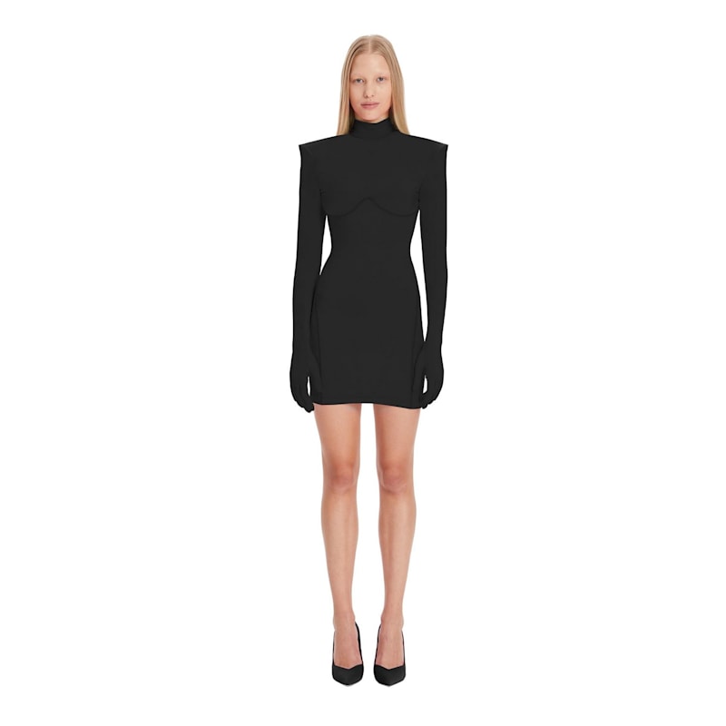 Black Long Sleeve Turtleneck Bodycon Shoulder Pad Party Futuristic Mini  Dress With Gloves New by MONOSUIT