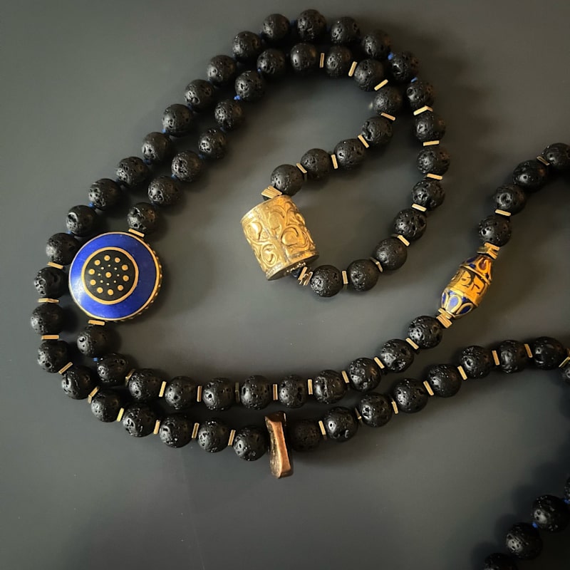 Thumbnail of Nepal Gold & Gemstone Mantra Pendant Black Beaded Spiritual Necklace - Black image