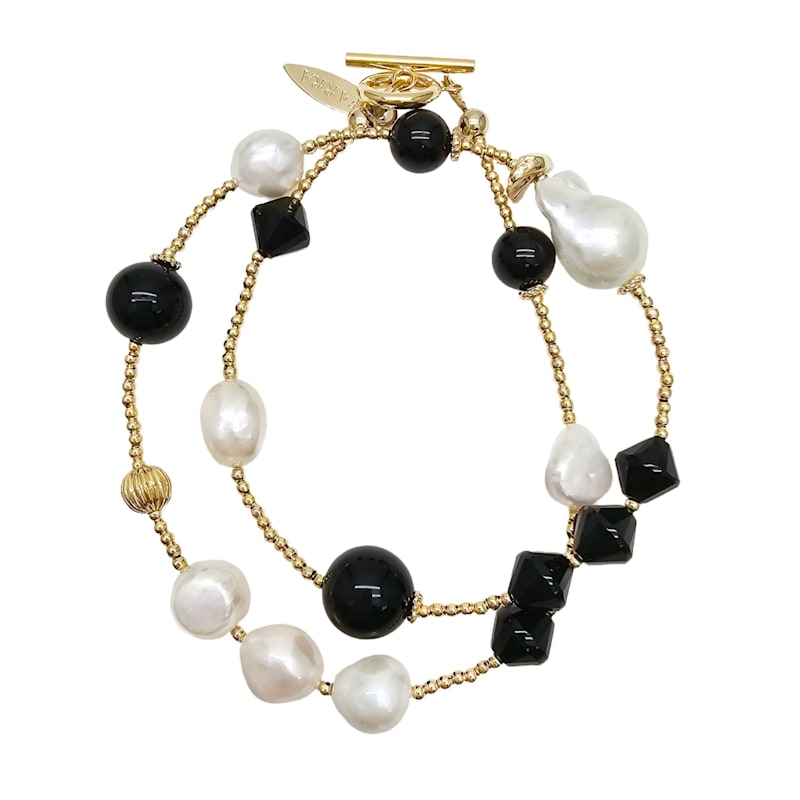 Thumbnail of Black Obsidian And White Pearls Double Layers Bracelet Or Choker image
