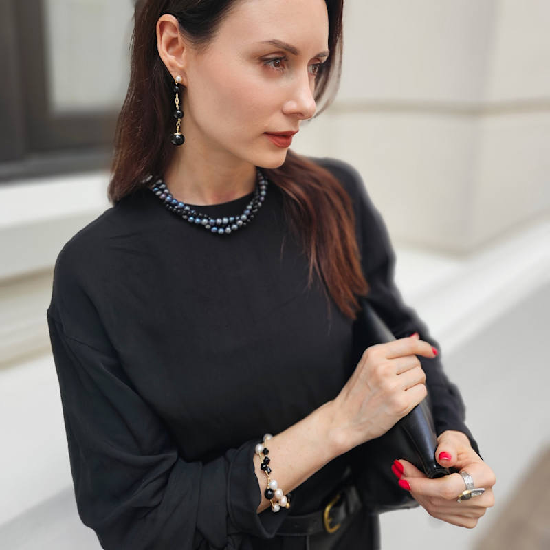 Thumbnail of Black Obsidian And White Pearls Double Layers Bracelet Or Choker image