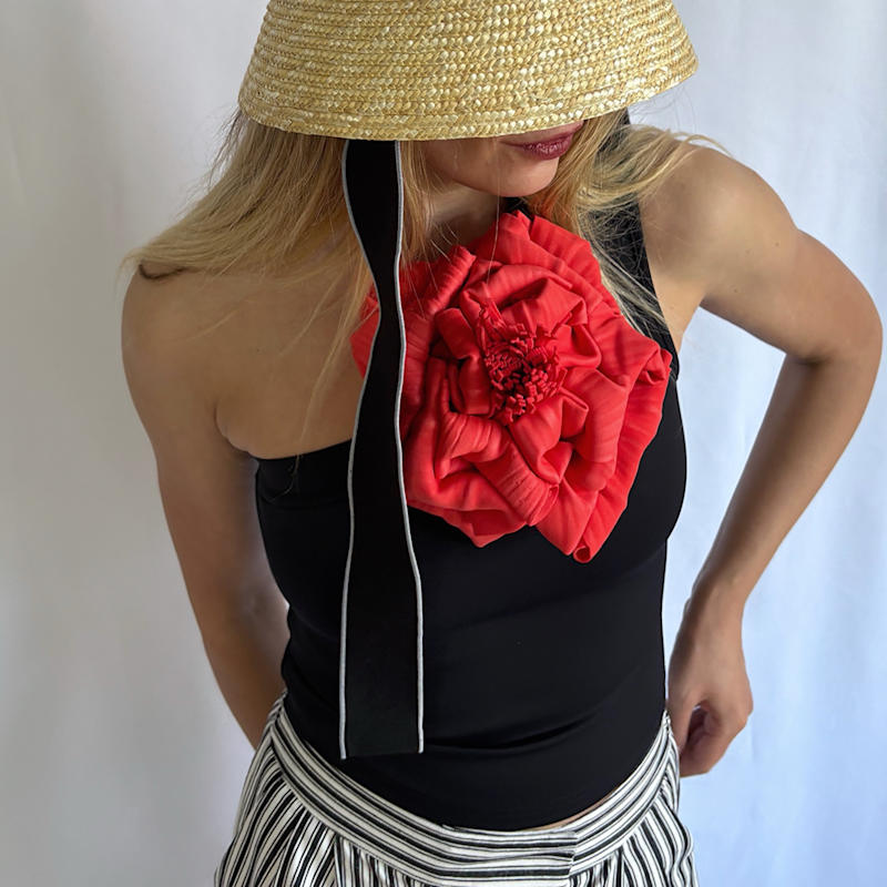 Thumbnail of Black One Shoulder Top With Red Flower Pin image