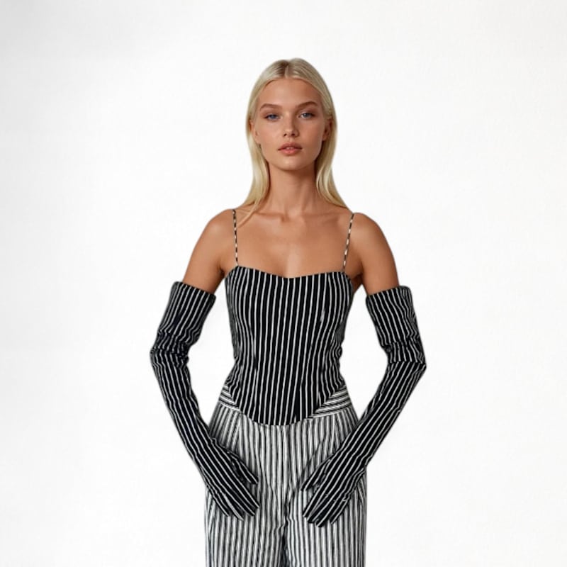 Thumbnail of Black Pinstripes Sweetheart Corset With Long Gloves image