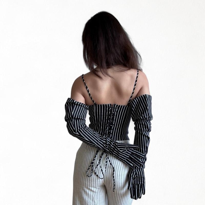 Thumbnail of Black Pinstripes Sweetheart Corset With Long Gloves image