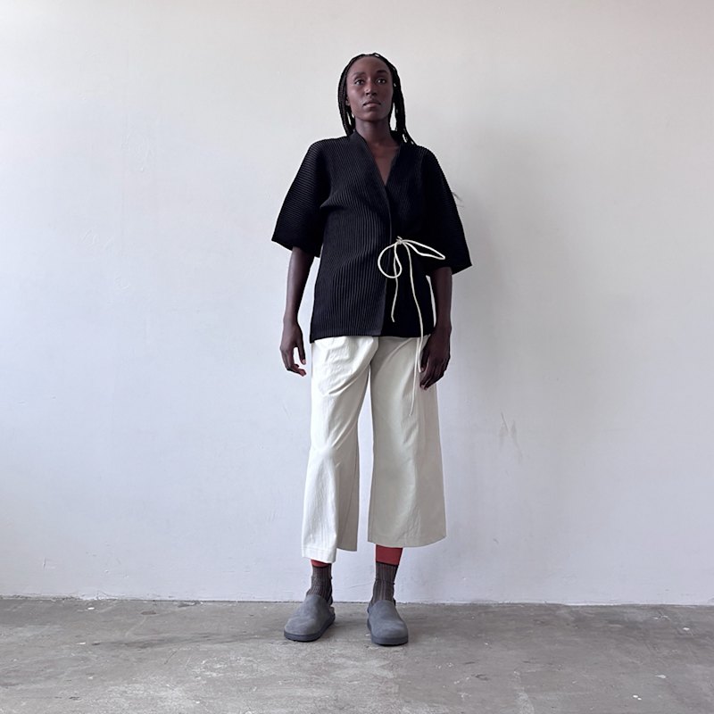 Thumbnail of Black Pleated Kimono Cardigan With White Cord image