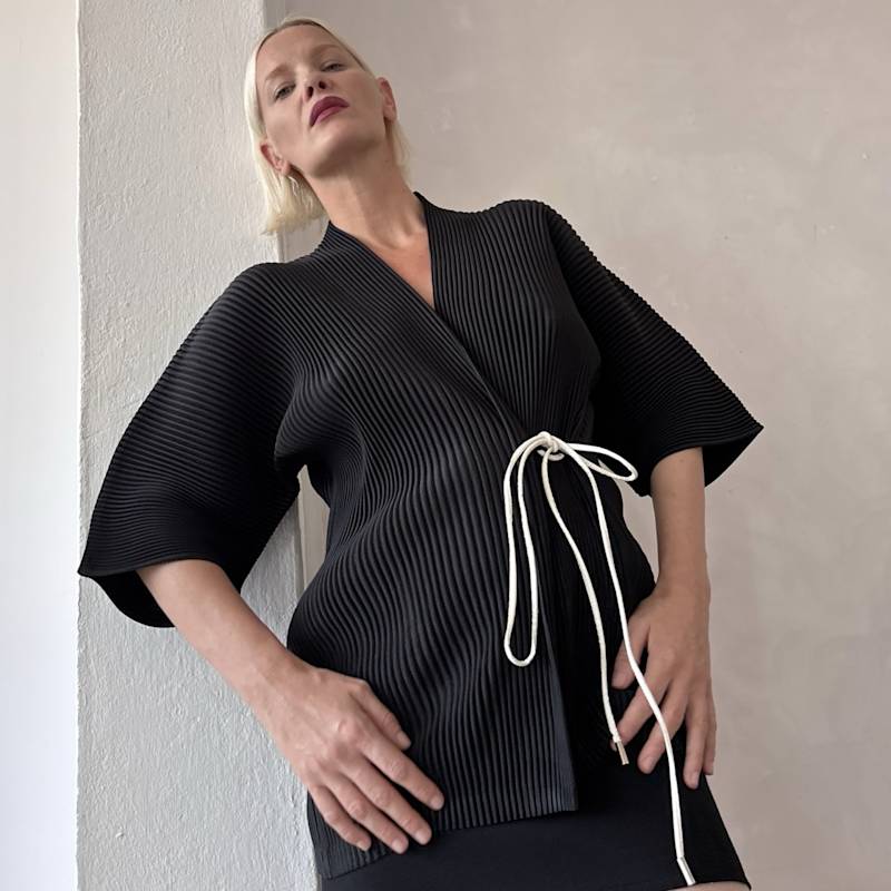 Thumbnail of Black Pleated Kimono Cardigan With White Cord image