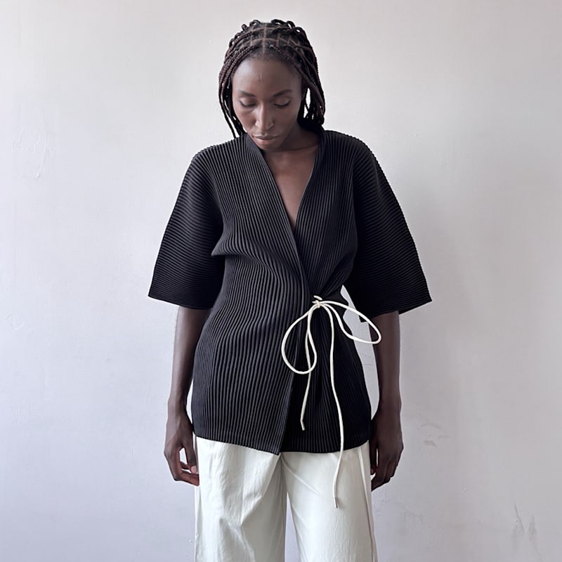 Thumbnail of Black Pleated Kimono Cardigan With White Cord image