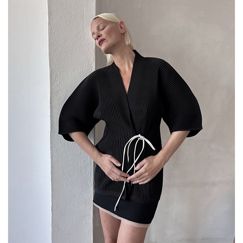 Thumbnail of Black Pleated Kimono Cardigan With White Cord image
