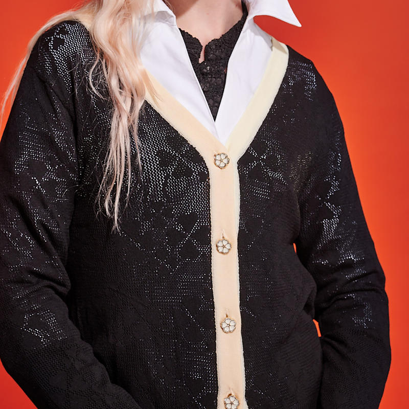 Thumbnail of Black Pointelle Floral Stud Cardigan image