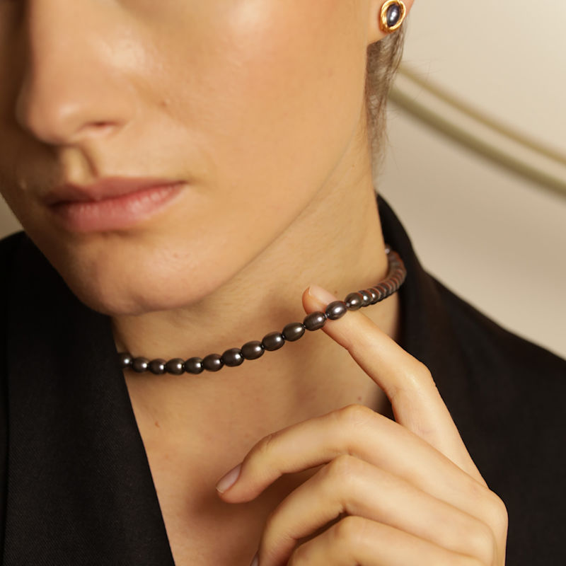 Thumbnail of Black Rice Pearl Choker, Iridescent Freshwater Pearl Necklace image