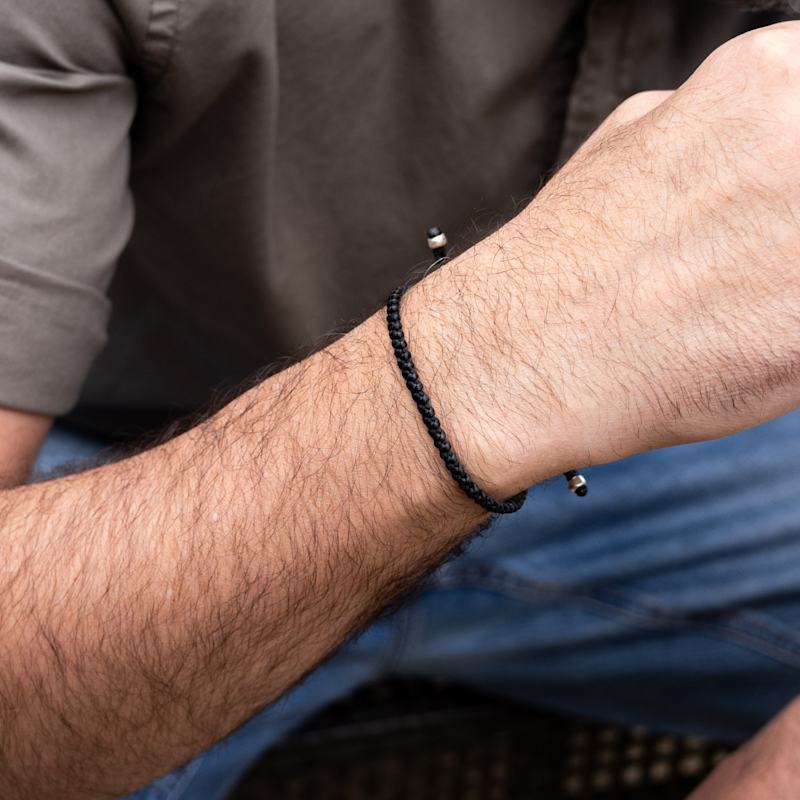 Thumbnail of Black Rope Bracelet With Solid Sterling Silver For Men - Mystic image