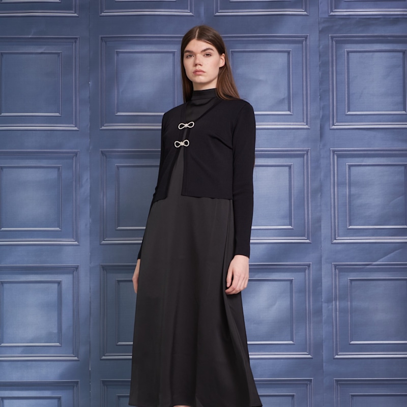 Roch Perel Satin Turtleneck Midi Dress - Black