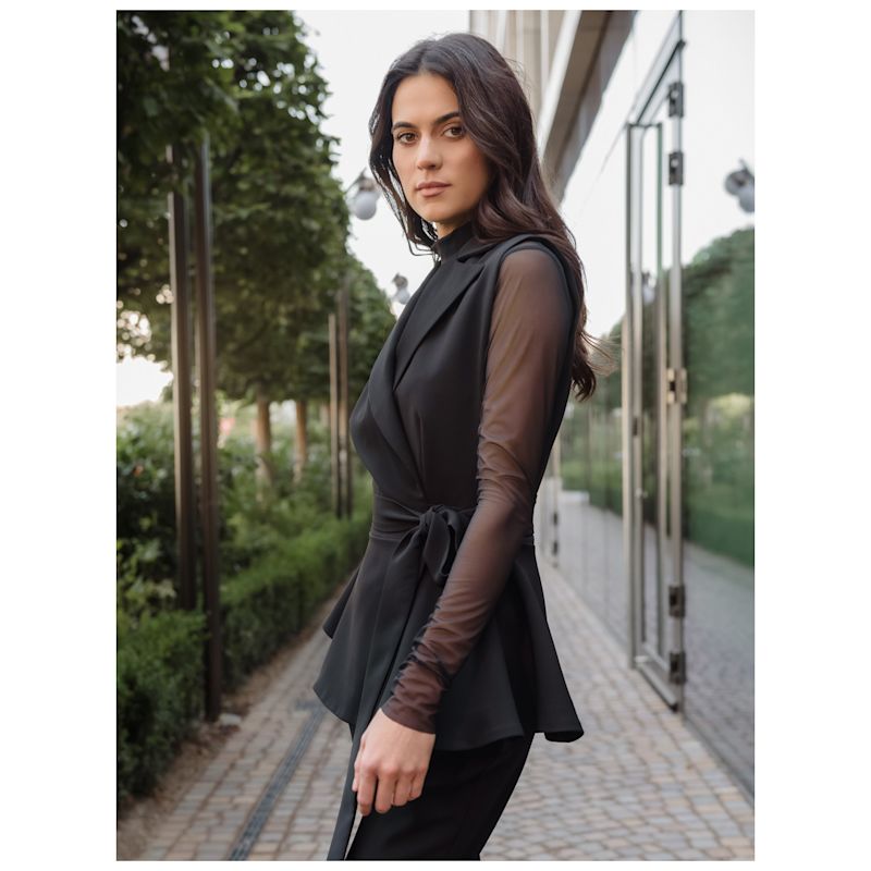 Black Sleeveless Wrap Peplum Lapel Neck Vest | concept A trois