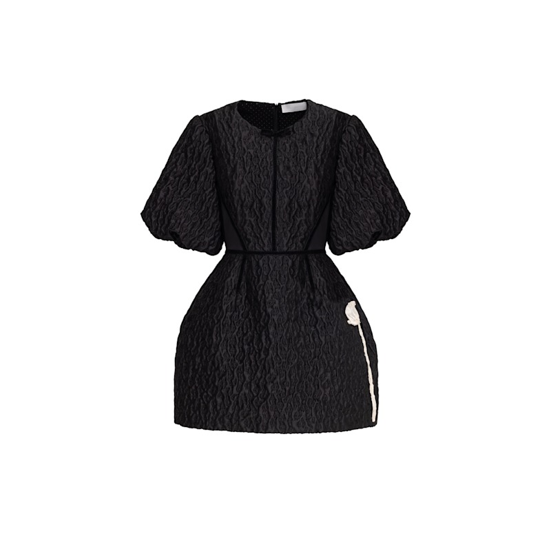 Black Textured Mini Dress With Puff Sleeves by Georgette