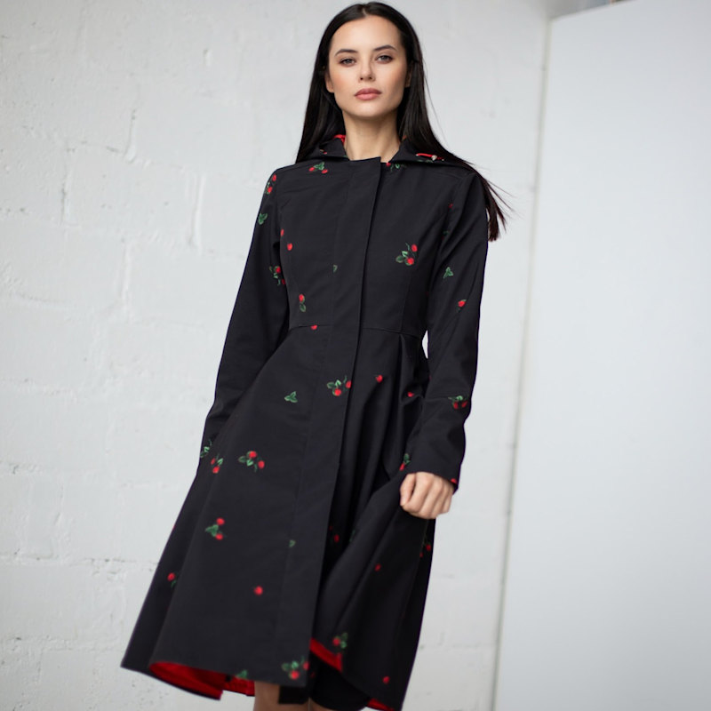 Black Waterproof Coat With Strawberry Print: Wild Strawberry