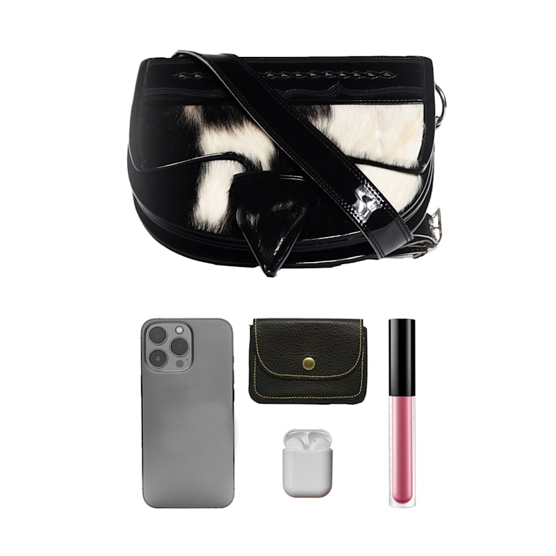 Thumbnail of La Dama Crossbody Leather Cowhide Bag, Black & White image
