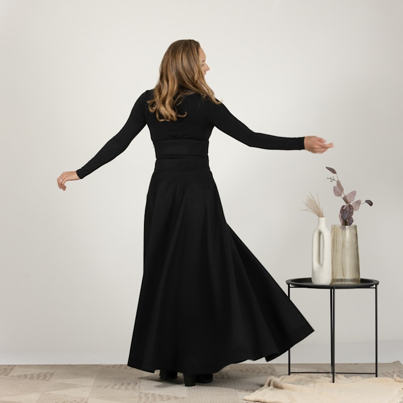 Black Wool Floor Length Skirt With Hight Waist & Front Buttons