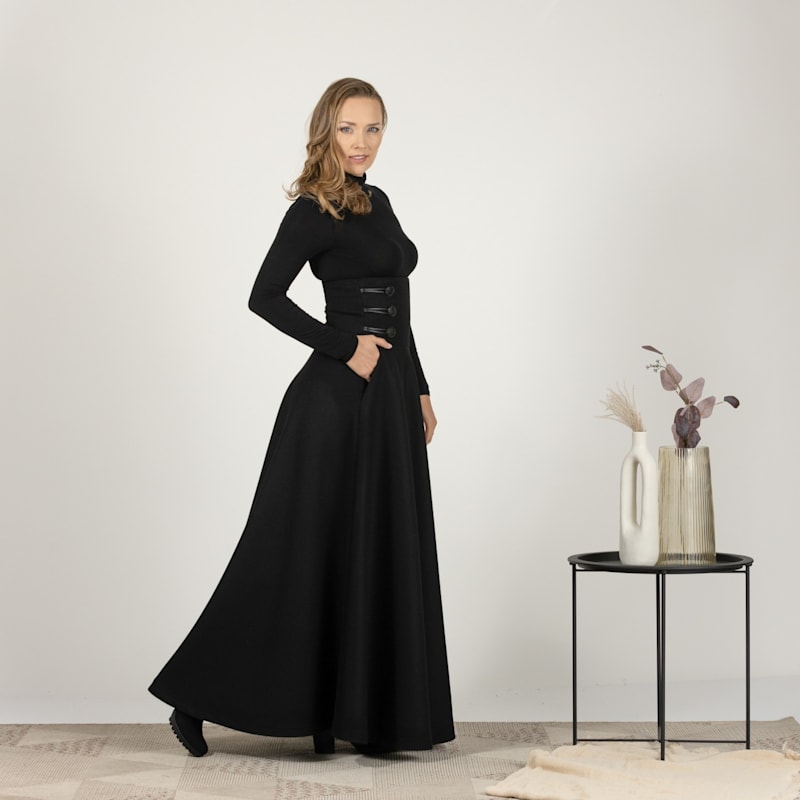 Black Wool Floor Length Skirt With Hight Waist & Front