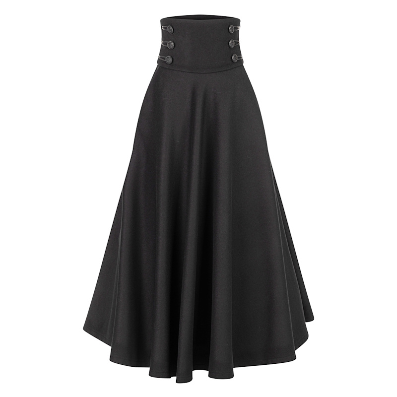 Nikka Place High Waisted Wool Maxi Women Skirt with Front Buttons - Black