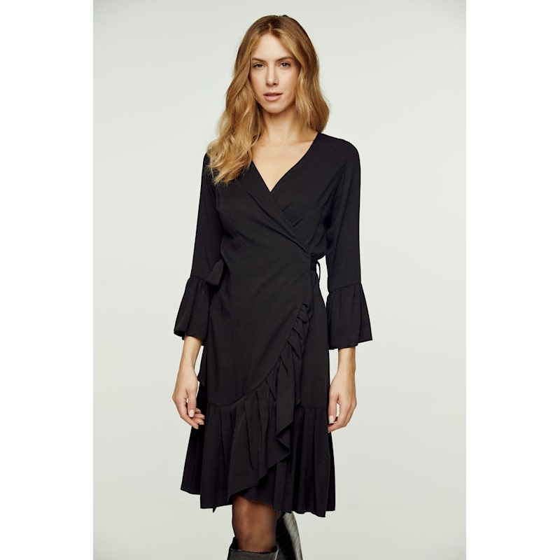 Black Wrap Dress Viscose With Bell Sleeves. | Conquista