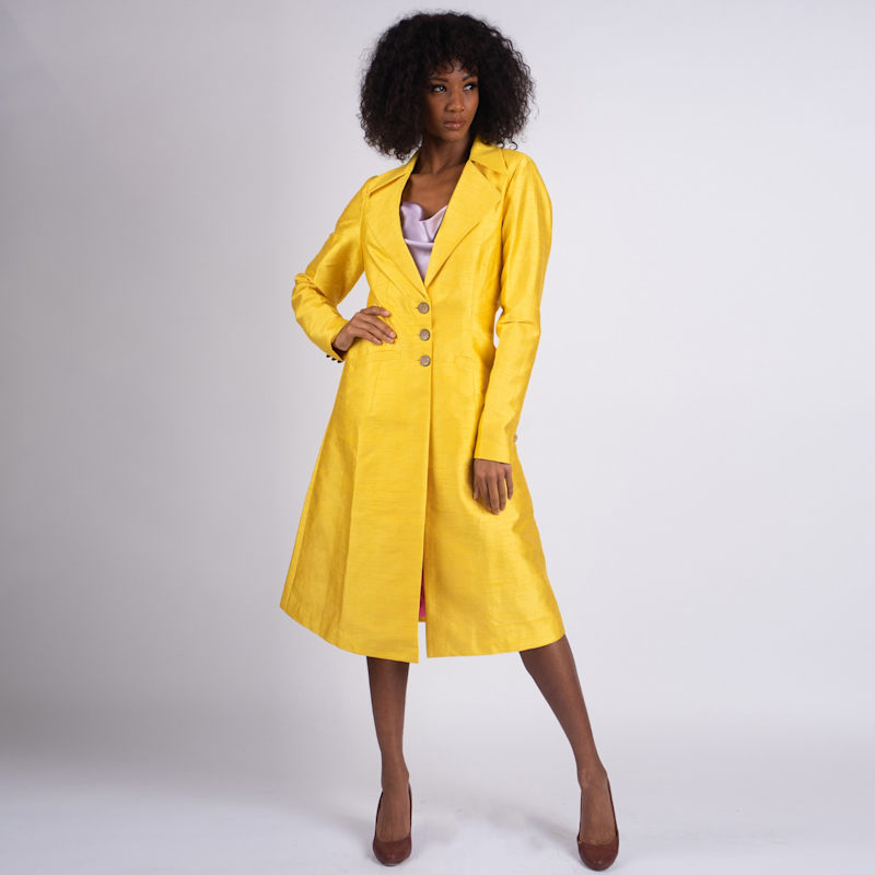 Blazer Style Silk Trench Coat In Yellow | Richa Sharma | Wolf & Badger