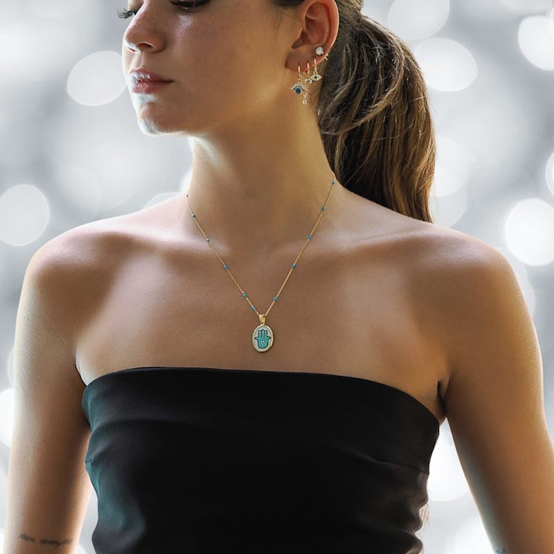 Thumbnail of Hamsa Hand Good Fortune Turquoise Pendant Gold Chain Necklace - Turquoise image
