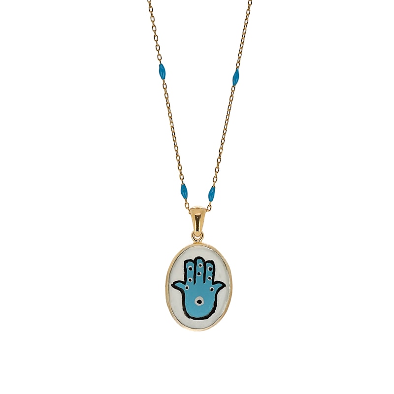 Thumbnail of Hamsa Hand Good Fortune Turquoise Pendant Gold Chain Necklace - Turquoise image