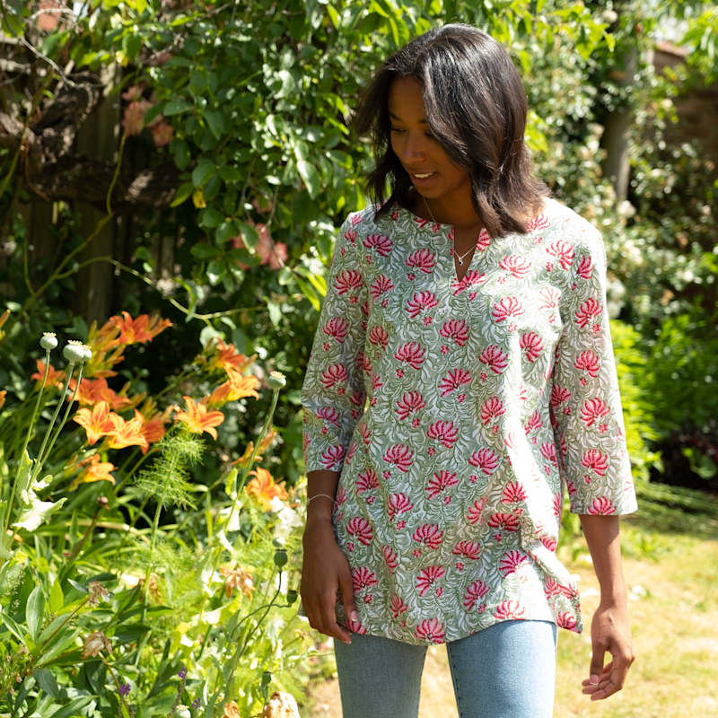 Block Printed Tunic Top Green Pink Floral | Lime Tree Design