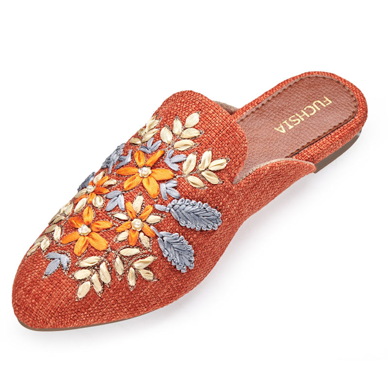 Thumbnail of Blossom Bliss Orange - Handmade Embroidered Canvas Mules By Fuchsia Shoes image