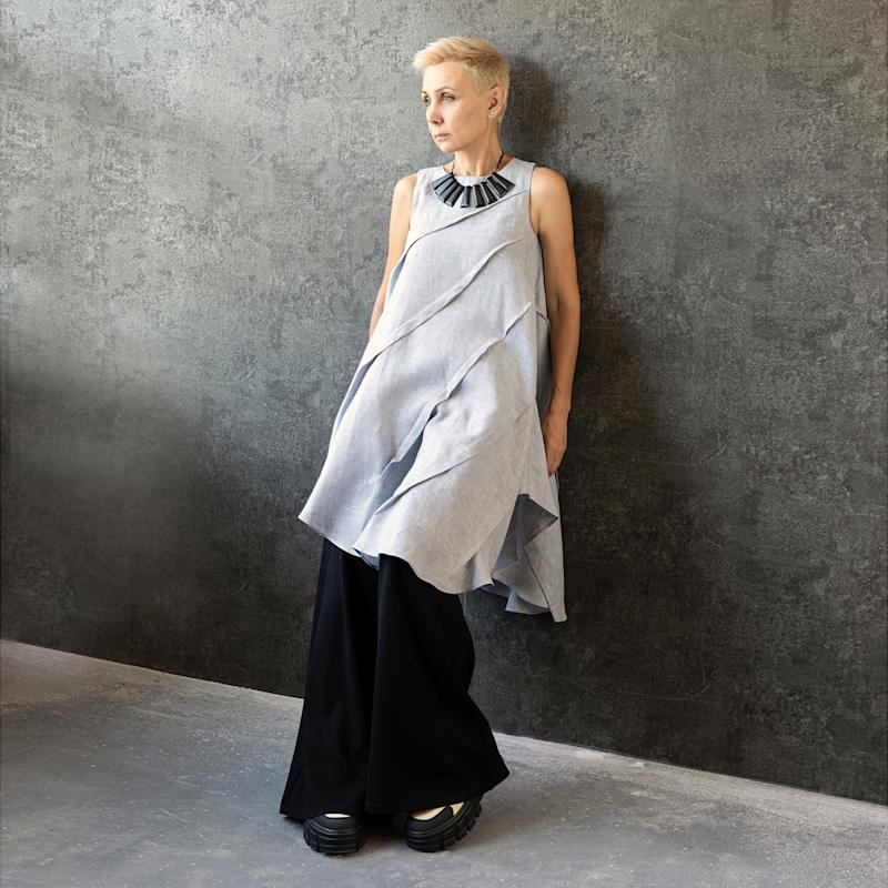 Thumbnail of Stone Blue Cascade Linen Dress - Asymmetric Sculptural Dress image