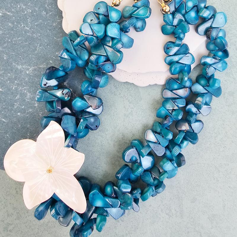 Thumbnail of Blue Bamboo Coral With Flower Giant Shell Statement Necklace image