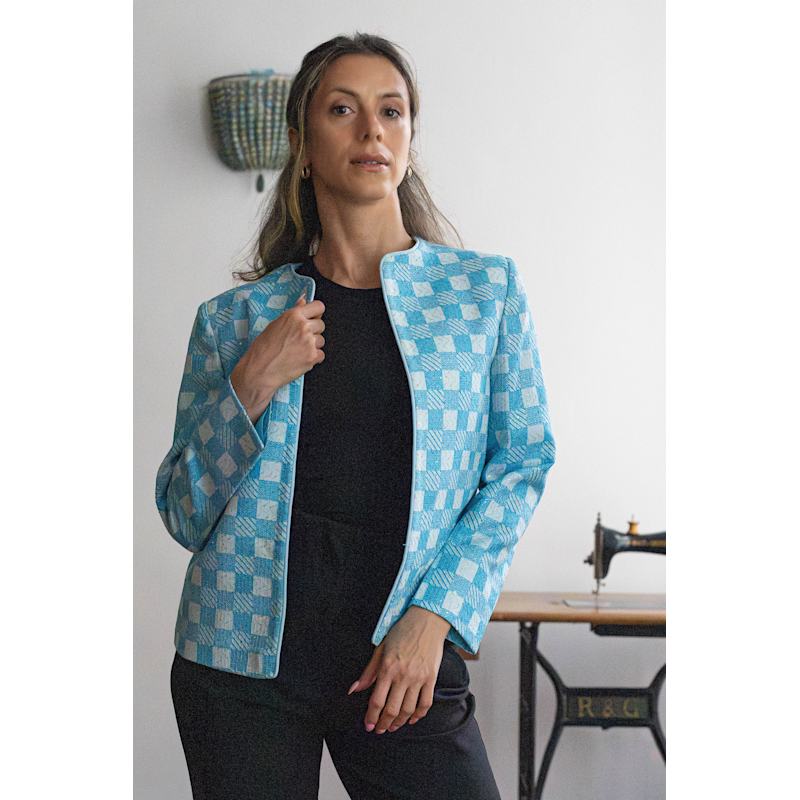 Thumbnail of Blue Check Cotton Jacket With Gold Zari Embroidery - Open Front Statement Jacket image
