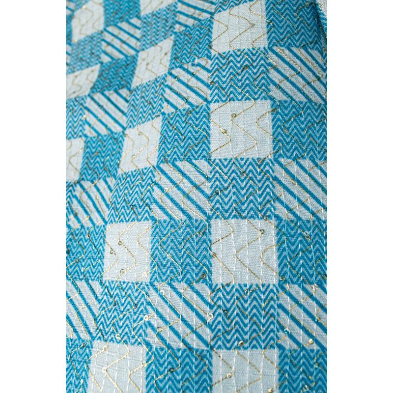 Thumbnail of Blue Check Cotton Jacket With Gold Zari Embroidery - Open Front Statement Jacket image