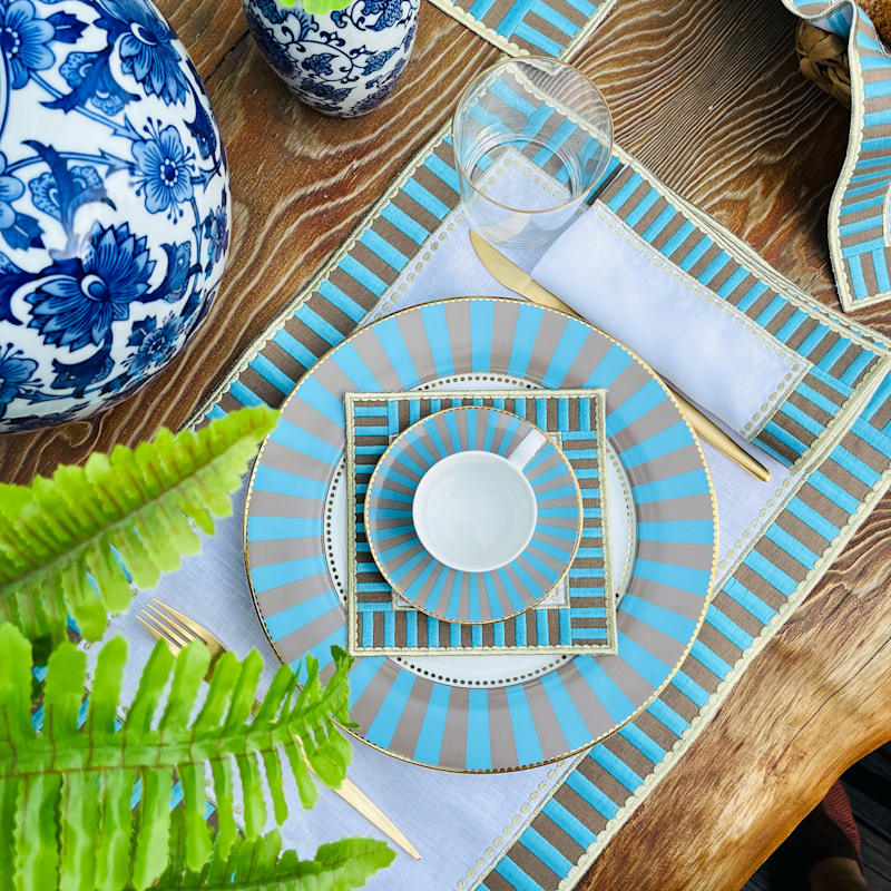 Thumbnail of Blue Chekered Dinner Napkins - Blue & Gray Embroidered Linen Napkin Set Of Two image