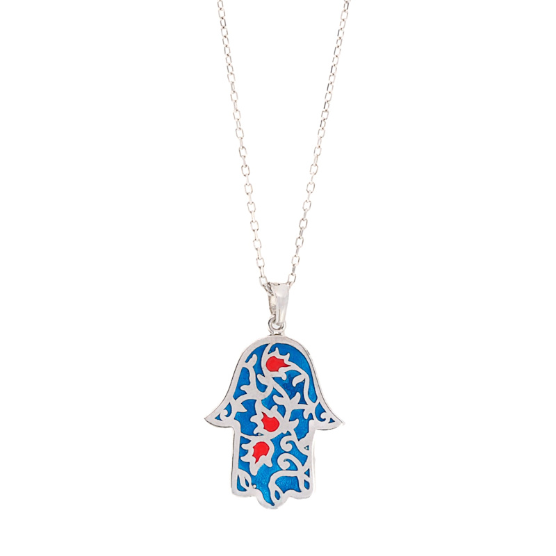 Thumbnail of Sterling Silver Blue & Red Enamel Hamsa Hand Necklace - Blue image