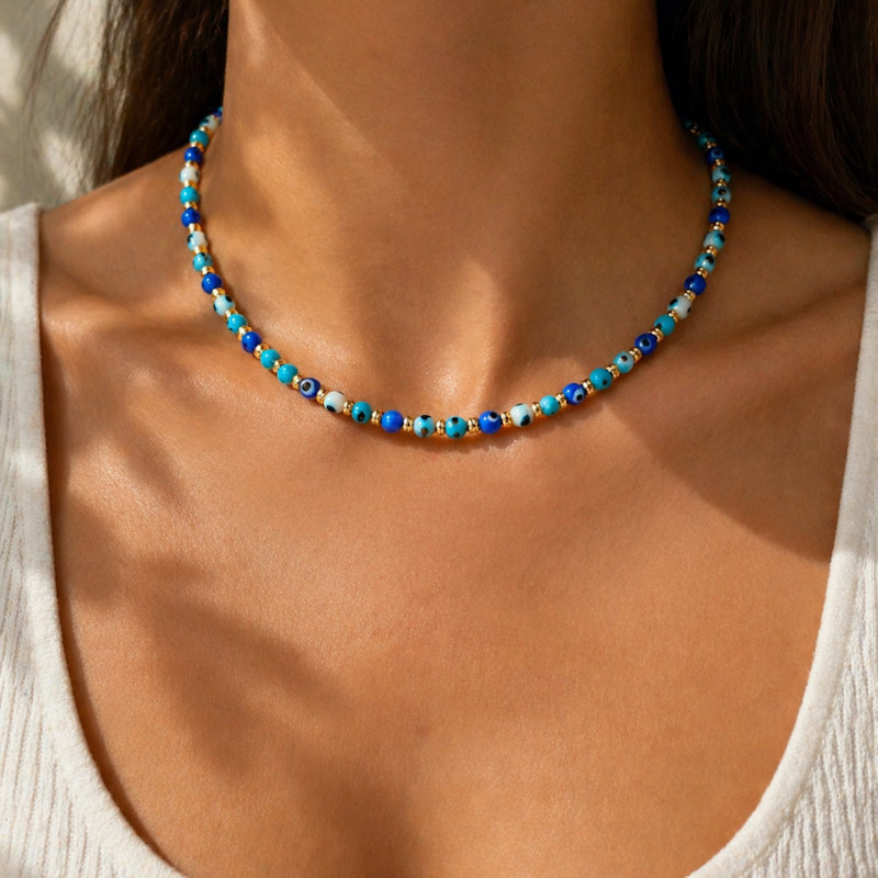 Thumbnail of Blue Evil Eye Beaded Necklace – Gold Detail Summer Choker image