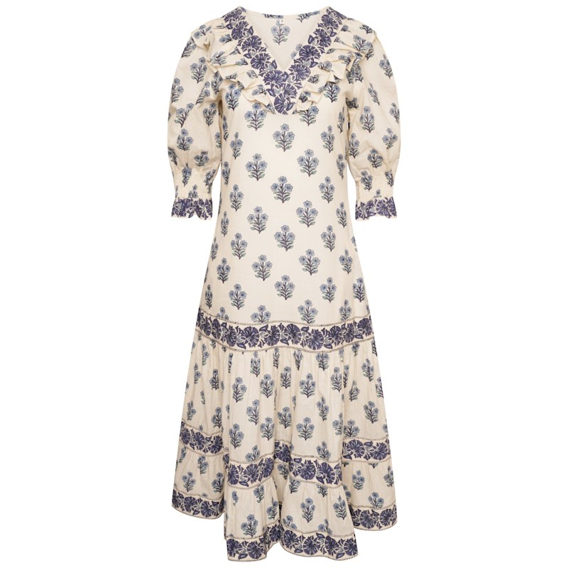 Thumbnail of Blue Floral Block Print Cotton Midi Dress image